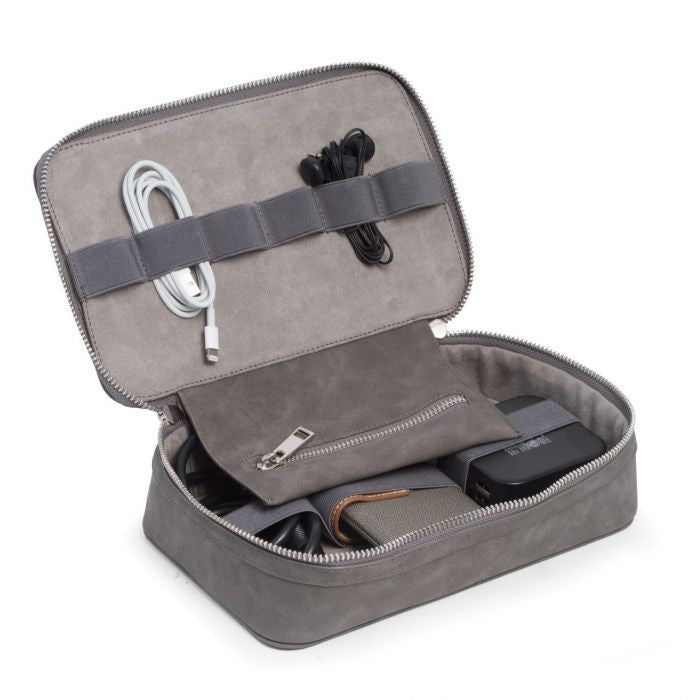 The BEYBERK INTERNATIONAL LEATHERETTE TECH ACCESSORIES TRAVEL CASE is a rectangular gray case with a zippered, minimalist design—ideal for organizing essentials. Shown against a plain white background.