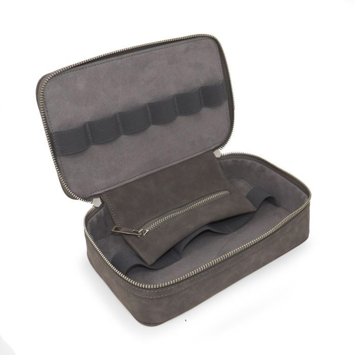 The BEYBERK INTERNATIONAL LEATHERETTE TECH ACCESSORIES TRAVEL CASE is a rectangular gray case with a zippered, minimalist design—ideal for organizing essentials. Shown against a plain white background.
