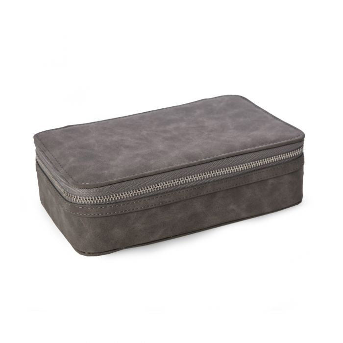 The BEYBERK INTERNATIONAL LEATHERETTE TECH ACCESSORIES TRAVEL CASE is a rectangular gray case with a zippered, minimalist design—ideal for organizing essentials. Shown against a plain white background.