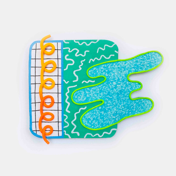 Loop-de-Bloop by Ryan Patrick Martin features a vibrant mixed-media composition combining orange spiral patterns against a gridded blue background, turquoise wavy textures, and a textured aqua form with neon green outlines. The abstract wall sculpture crafted from epoxy clay, wood, and acrylic paint creates a dynamic interplay of geometric and organic shapes.