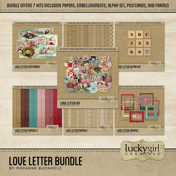 Filled with vintage yet modern digital art embellishments, papers, frames, antique postcards, and alpha set, this Love Letter Digital Scrapbook Bundle, will help you document your love story or accent your Valentine's Day projects.
