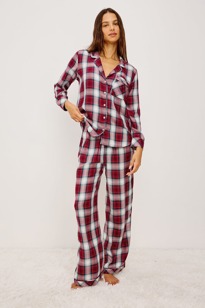 Luna Pajama Set in Signature Rayon With Button-Up Collared Shirt With Front Buttons, Long Sleeves, Chest Patch Pocket and Matching Pant With Side Pockets and Drawstring Waist Ties in Indigo Berry Colorway - Full Body Front View Featured on Model