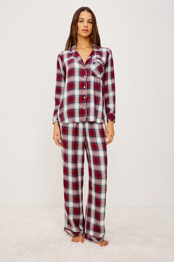 Luna Pajama Set in Signature Rayon With Button-Up Collared Shirt With Front Buttons, Long Sleeves, Chest Patch Pocket and Matching Pant With Side Pockets and Drawstring Waist Ties in Indigo Berry Colorway - Full Body Front View Featured on Model