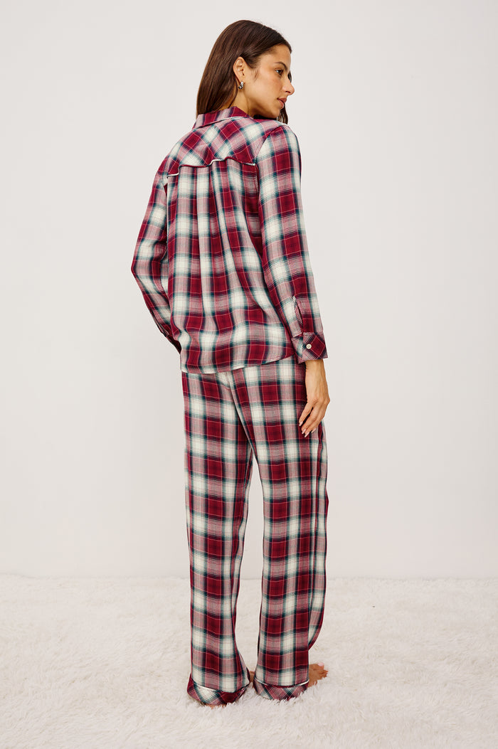 Luna Pajama Set in Signature Rayon With Button-Up Collared Shirt With Front Buttons, Long Sleeves, Chest Patch Pocket and Matching Pant With Side Pockets and Drawstring Waist Ties in Indigo Berry Colorway - Full Body Back View Featured on Model