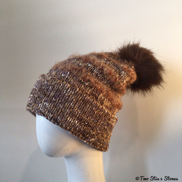 Luxe Brown Tweed Beanie/Slouchy Beanie w/Faux Fur Pom Pom