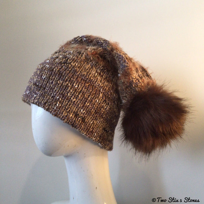 Luxe Brown Tweed Beanie/Slouchy Beanie w/Faux Fur Pom Pom