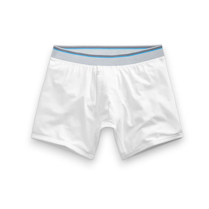 The MACK WELDON 18-Hour Jersey Boxer Brief for men features a soft modal blend fabric and blue-gray waistband, shown laid flat on a white background. Enjoy all-day comfort with this premium men's underwear.
