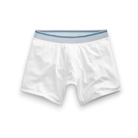 The MACK WELDON 18-Hour Jersey Boxer Brief for men features a soft modal blend fabric and blue-gray waistband, shown laid flat on a white background. Enjoy all-day comfort with this premium men's underwear.