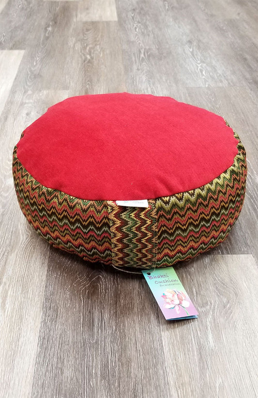 Meditation Cushion ~ Red Velvet with Pattern Buckwheat Hull Filled