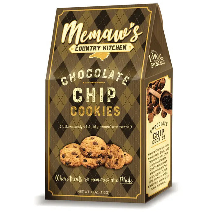 A brown, diamond-patterned box labeled "MEMAWS COUNTRY KITCHEN - CHOCOLATE CHIP COOKIES" by 1 IN 6 SNACKS features images of classic American cookies and offers homemade cookies with rich chocolate flavor. Net weight: 4 oz (113g).