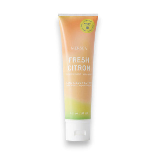 A 3 fl oz (89 ml) tube of MERSEA - FRESH CITRON SEA WHIP LOTION, enriched with Dead Sea Salt, features a gradient orange-yellow-green design with white text and cap.