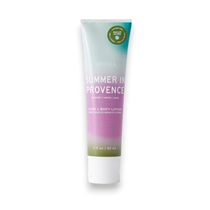 A 3 fl oz (89 mL) tube of MERSEA - SUMMER IN PROVENCE SEA WHIP LOTION, with a green, purple, and pink gradient design, features soothing lavender and vanilla scents for a refreshing aromatic experience.