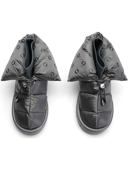 The FLUFIE METALLIC PILLOW BOOT is a pair of gray, insulated slippers with drawstring closures, a high folded collar, water repellent fabric in a subtle circular pattern, designed for warmth and shown on a white background.