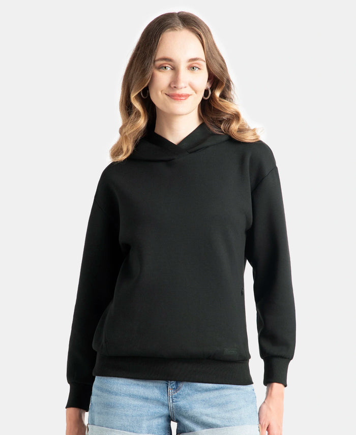 Microfiber Cotton Blend Elastane Stretch Drop Shoulder Hoodie Sweatshirt - Black