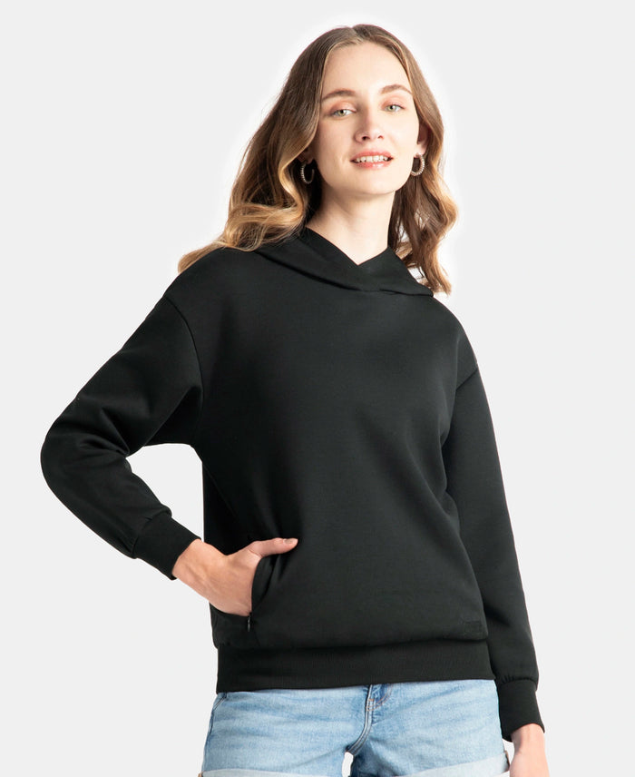 Microfiber Cotton Blend Elastane Stretch Drop Shoulder Hoodie Sweatshirt - Black