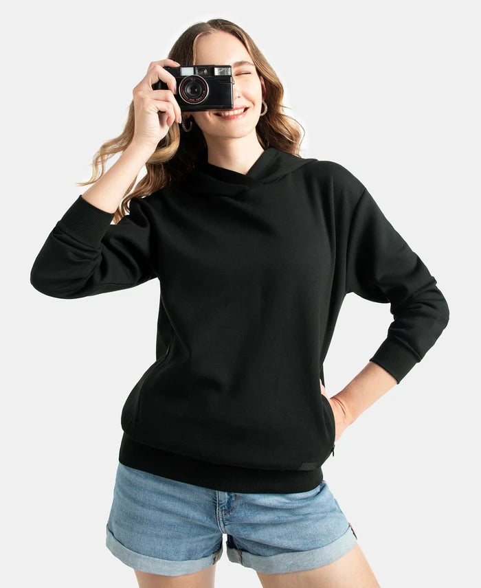 Microfiber Cotton Blend Elastane Stretch Drop Shoulder Hoodie Sweatshirt - Black