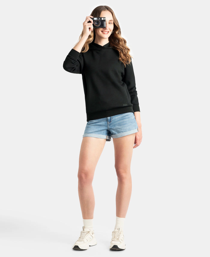 Microfiber Cotton Blend Elastane Stretch Drop Shoulder Hoodie Sweatshirt - Black