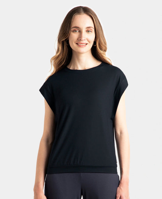 Microfiber Elastane Stretch Hybrid Tank Top with Ribbed Sleeves - Black
