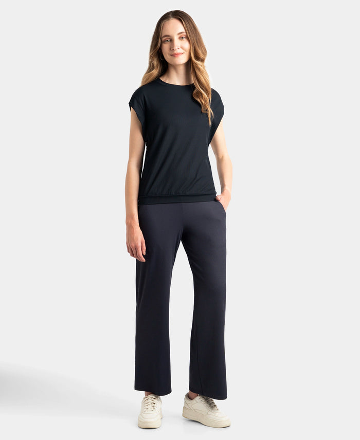 Microfiber Elastane Stretch Hybrid Tank Top with Ribbed Sleeves - Black