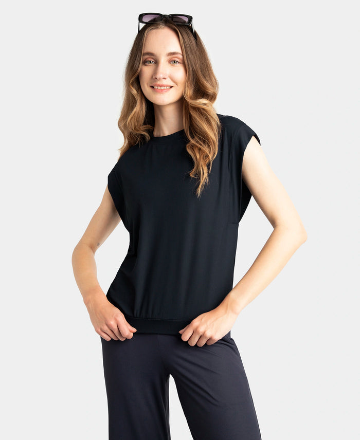Microfiber Elastane Stretch Hybrid Tank Top with Ribbed Sleeves - Black