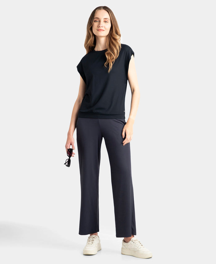 Microfiber Elastane Stretch Hybrid Tank Top with Ribbed Sleeves - Black