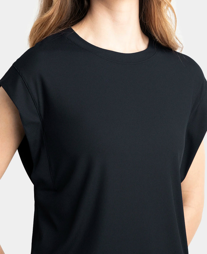 Microfiber Elastane Stretch Hybrid Tank Top with Ribbed Sleeves - Black