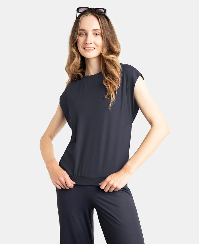 Microfiber Elastane Stretch Hybrid Tank Top with Ribbed Sleeves - Grey Stone