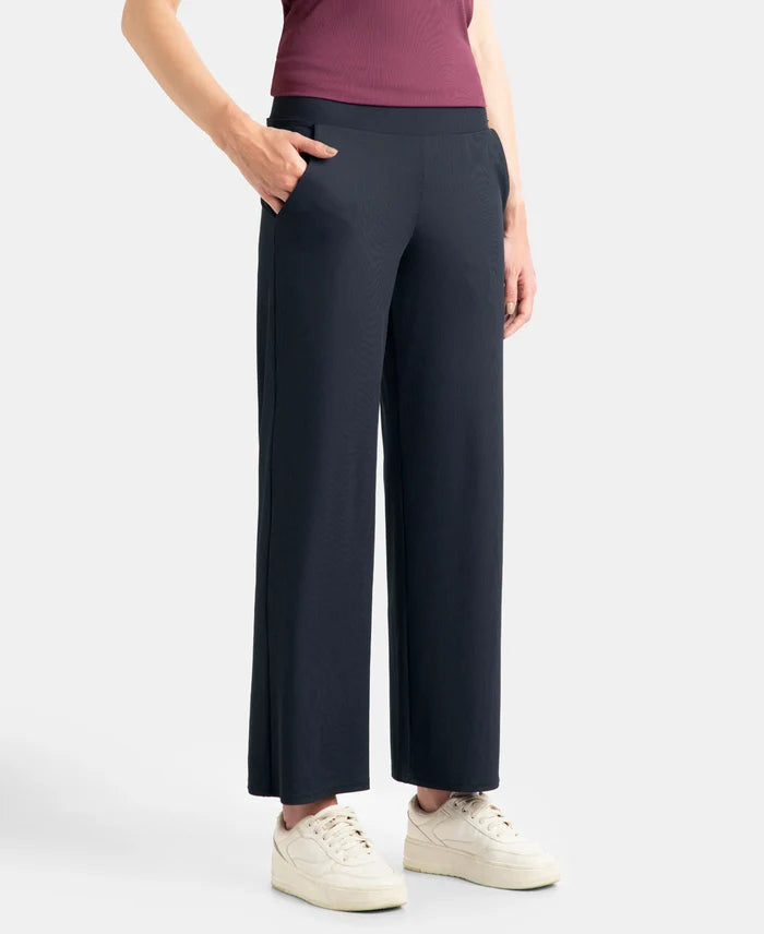Microfiber Elastane Stretch Regular Fit Wide Leg Pants - Black