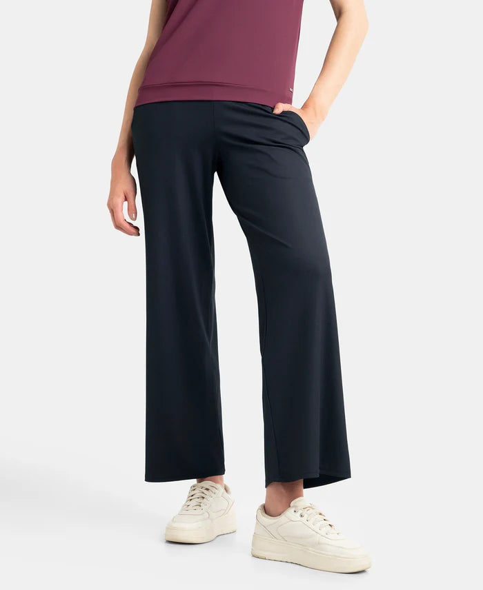 Microfiber Elastane Stretch Regular Fit Wide Leg Pants - Black