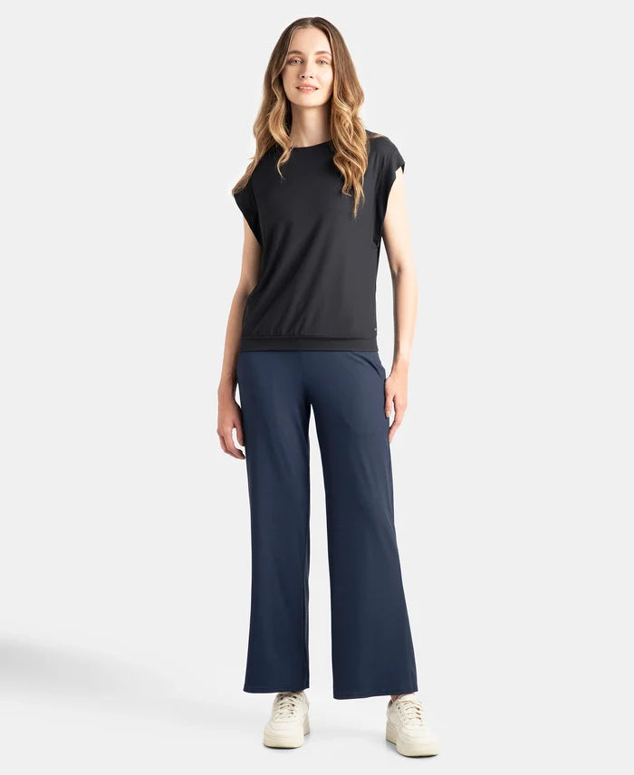 Microfiber Elastane Stretch Regular Fit Wide Leg Pants - Mid Night Navy
