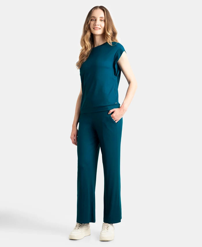 Microfiber Elastane Stretch Regular Fit Wide Leg Pants - Poseidon