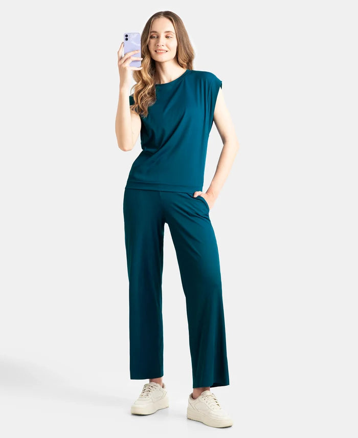 Microfiber Elastane Stretch Regular Fit Wide Leg Pants - Poseidon