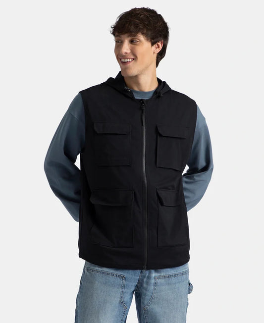 Microfiber Fabric 6 Pocket Full Zip Closure Hoodie Gilet - Black