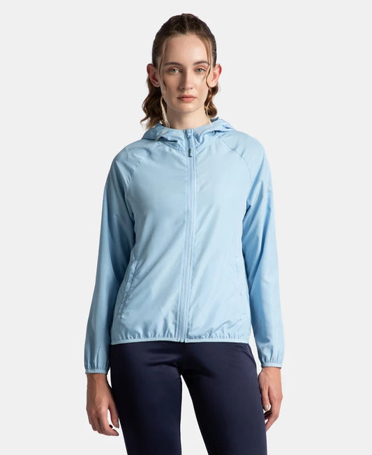 Microfiber Fabric Relaxed Fit Raglan Styled Water Resistant Hoodie Jacket - Powder Blue