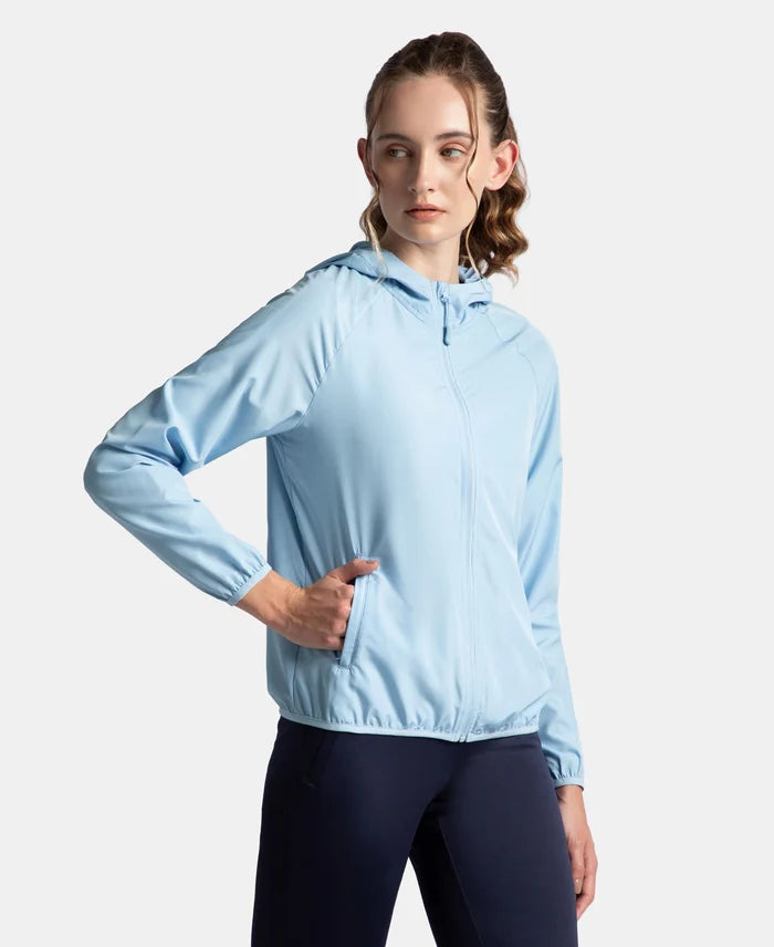 Microfiber Fabric Relaxed Fit Raglan Styled Water Resistant Hoodie Jacket - Powder Blue