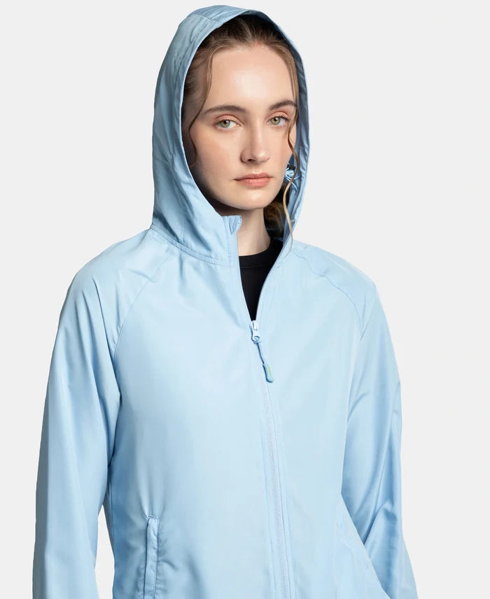 Microfiber Fabric Relaxed Fit Raglan Styled Water Resistant Hoodie Jacket - Powder Blue
