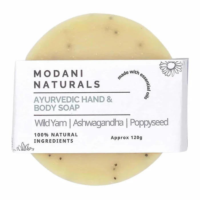 Modani Naturals Wild Yam Ashwagandha, Kaolin Clay, Poppyseed Hand and Body Bar 120g