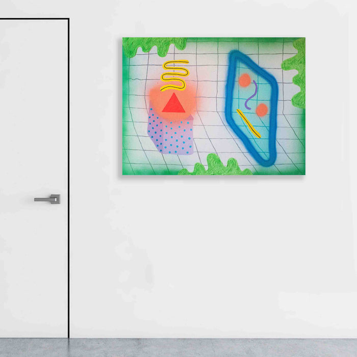 The artwork 'Moldy Bathroom Reflections' by Ryan Patrick Martin features a vibrant abstract composition with a grid-like background in mint green. A glowing orange-red triangle with yellow squiggles floats alongside a blue mirror-like shape containing coral dots. Purple spotted texture and lime green dripping effects frame the geometric elements on canvas. Painted in acrylic and enamel by Ryan Patrick Martin.