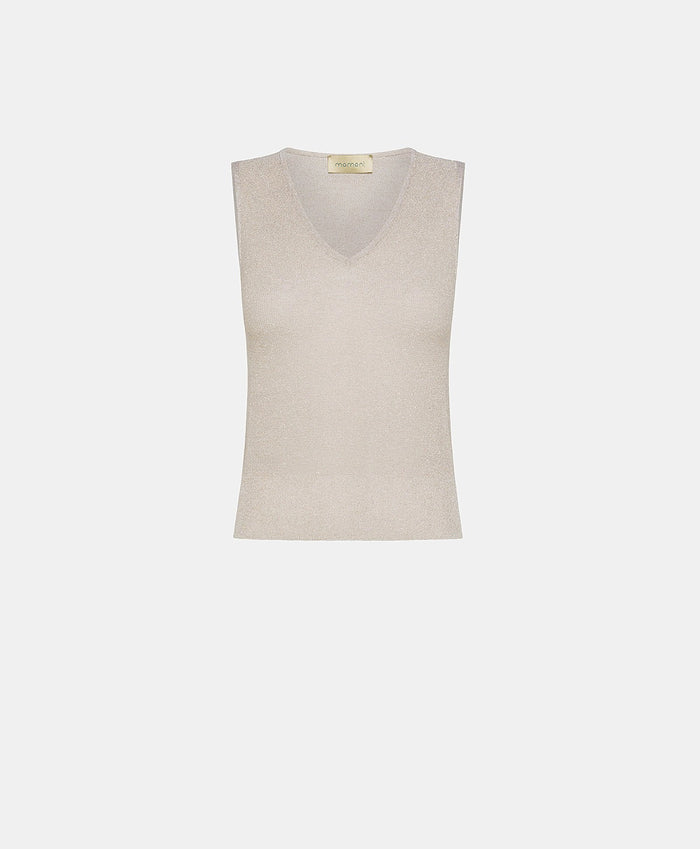 Crafted from luxe lurex viscose yarn, the MOMONI IXORA Knit V Neck Tank is a sleeveless gold shimmery top with a plain background, made in Italy.