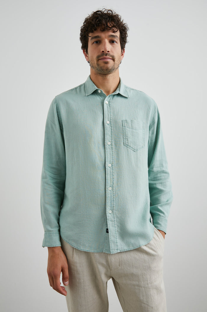 Mykonos Long-Sleeve Button Up with a Patch Pocket in Jade Colorway - Front View Featured on Model