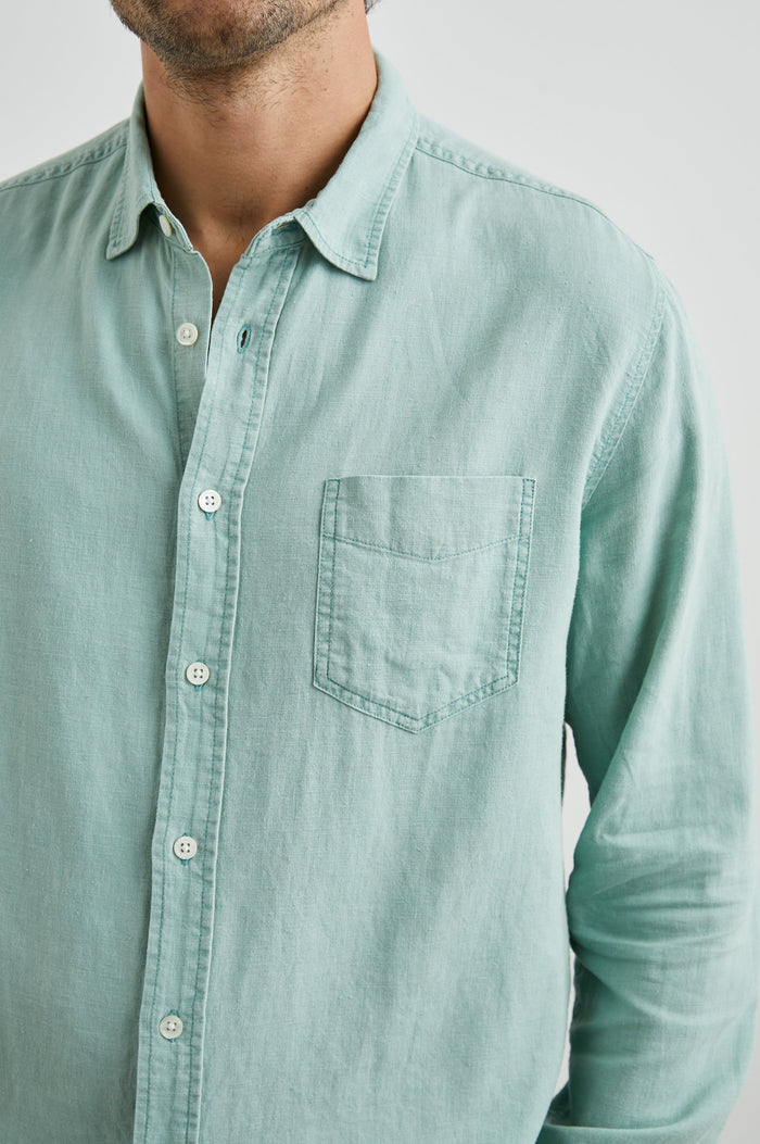 Mykonos Long-Sleeve Button Up with a Patch Pocket in Jade Colorway - Front View Featured on Model