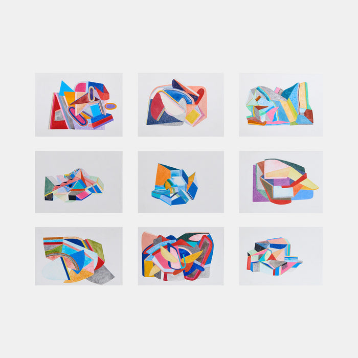 Nine small works by Sasha Hallock features a collection of abstract geometric compositions arranged in a 3x3 grid. Each piece showcases vibrant color combinations including blue, red, yellow, and pink, with angular shapes and intersecting forms creating dynamic movement across white backgrounds. The artwork demonstrates a modernist approach to color and form, measuring 17x23 inches overall.
