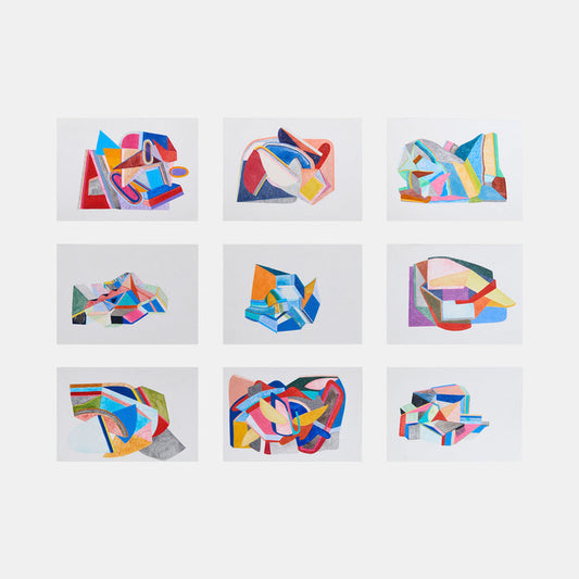 Nine small works by Sasha Hallock features a collection of abstract geometric compositions arranged in a 3x3 grid. Each piece showcases vibrant color combinations including blue, red, yellow, and pink, with angular shapes and intersecting forms creating dynamic movement across white backgrounds. The artwork demonstrates a modernist approach to color and form, measuring 17x23 inches overall.