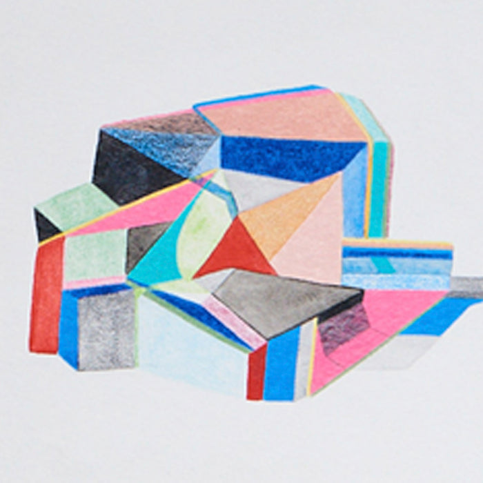 The artwork 'Nine small works' features a geometric abstract composition with intersecting angular shapes in vibrant colors including pink, blue, turquoise, mint green, and red, arranged against a white background. Bold lines and color blocking create a dynamic three-dimensional effect, measuring 17x23 inches. By Sasha Hallock.