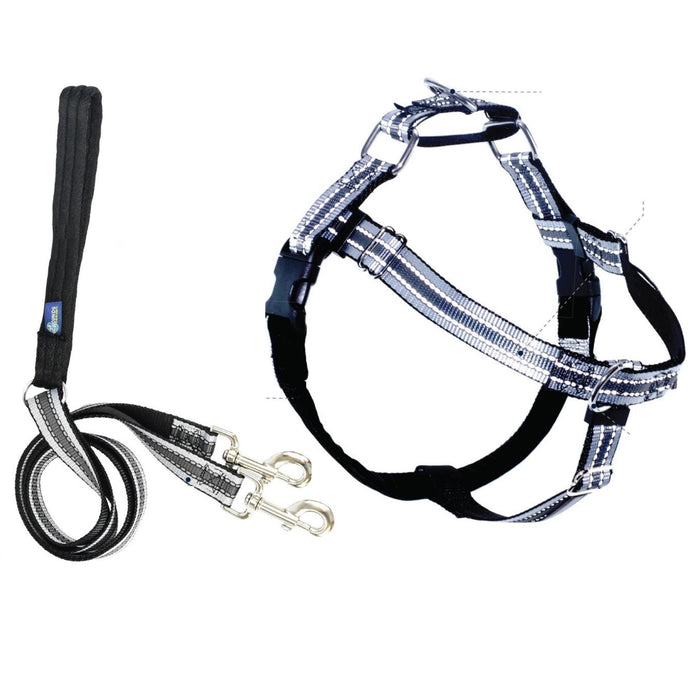 The 2 HOUNDS DESIGN NO PULL HARNESS LEASH (XS, BLACK REFLECTIVE) features a Swiss velvet-lined, adjustable black and gray reflective harness with a matching leash, padded handle, and metal clasps for comfort and control.
