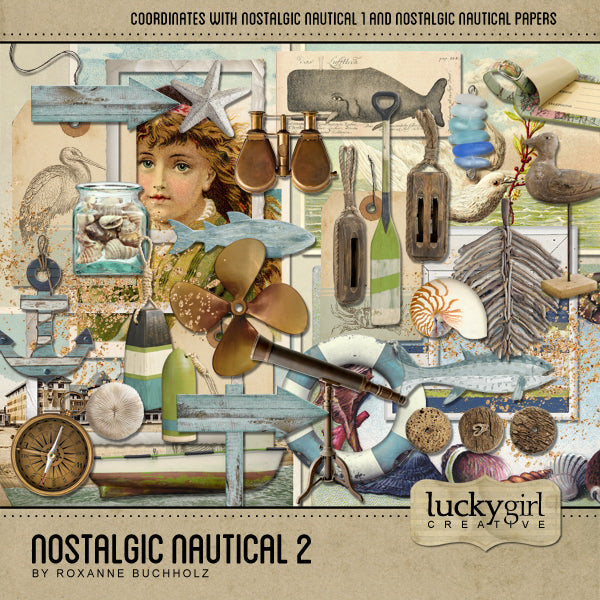 Featuring vintage nautical digital art embellishments, this ocean loving kit, Nostalgic Nautical 2 Digital Scrapbook Kit, will keep you reminiscing about your beach vacation memories! Neutral colors with touches of soft green and blue will make any seaside adventure extra dreamy. Filled with shells, cork floats, buoys, pulleys, antique compass, life preserver, vintage postcards, wood signs and anchor, telescope, propeller, tags, ocean wildlife, sand, a boat and oar, water droplets, and more.