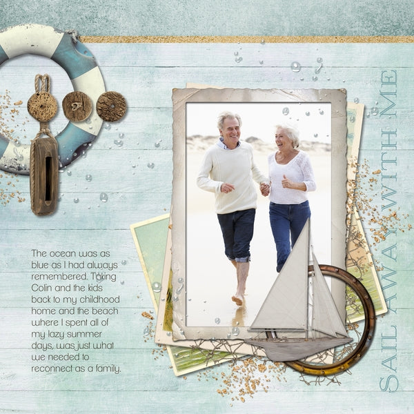 Featuring vintage nautical digital art embellishments, this ocean loving kit, Nostalgic Nautical 2 Digital Scrapbook Kit, will keep you reminiscing about your beach vacation memories! Neutral colors with touches of soft green and blue will make any seaside adventure extra dreamy. Filled with shells, cork floats, buoys, pulleys, antique compass, life preserver, vintage postcards, wood signs and anchor, telescope, propeller, tags, ocean wildlife, sand, a boat and oar, water droplets, and more.