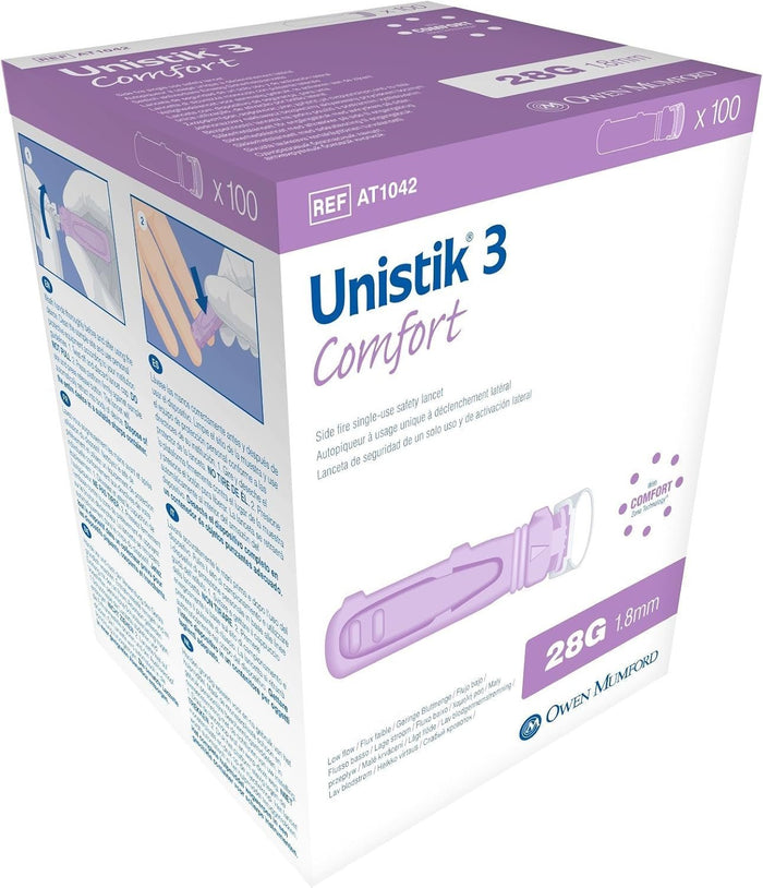 Owen Mumford Unistik 3 Comfort Safety Lancets, 28 Gauge, 1.8 mm Depth, Low Flow - AT1042-Box - LL Medico