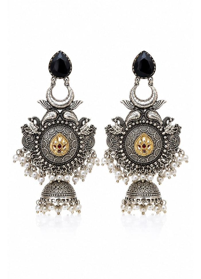 Oxidised Silver Temple Jhumka Earrings with Black Stone & Pearl Drops for Women