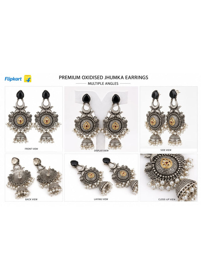 Oxidised Silver Temple Jhumka Earrings with Black Stone & Pearl Drops for Women